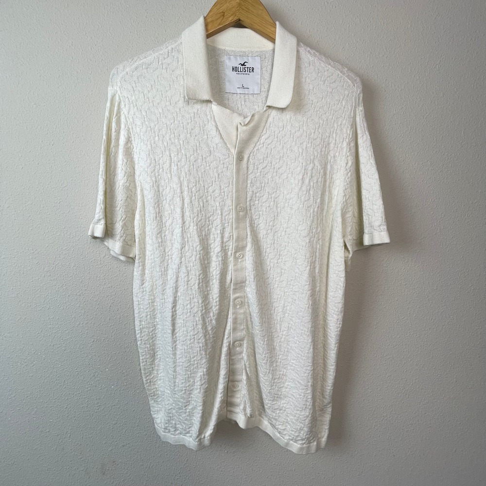 Hollister Knit Button Up Shirt Mens L White Resort Textured Coastal Summer‎